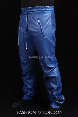 Men's JOGGER Blue Lambskin Premium Real Soft Leather Jogging Trouser Draw Pants • $97.62