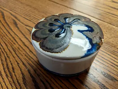 Swirled Blue White Studio Art Pottery Round 4in Trinket Box Ceramic Mid Century • $12.95