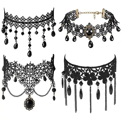 4pcs Vintage Victorian Black Lace Beads Choker Gothic Retro Wide Collar Necklace • $12.99