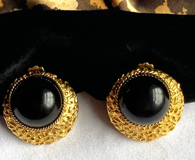 Signed Selini Vintage Clip-on Earrings Textured Goldtone W/ Black Cabochons • $33