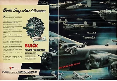 1944 Buick Engines Power B-24 Liberator Bomber Squadron Art WWII 2-page Print Ad • $17.50