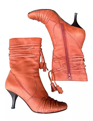 Gabriela Rocha Burnt Orange/Brown Genuine Leather Kitten Heel Boots 1970s ITALY • $42.47