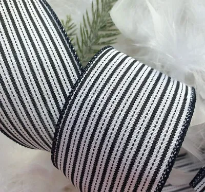 1m X 63mm WIRED Burlap CHRISTMAS RIBBON White With Black Stripe  GIFT TREE  BOW • £2.20