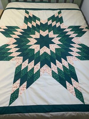 $125 • Buy Vintage Quilt TOP Lone Star 100x93 Machine Stitched Green Peach