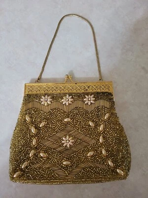 $9.99 • Buy Vintage Gold Beaded Purse Handbag With Pink  Detail Beads,pre-owned 