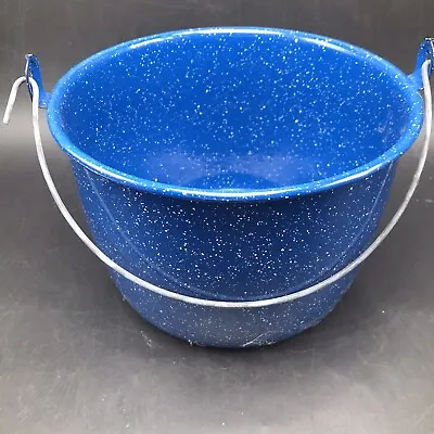 Vtg Blue Granite Enamel Ware Pan Bucket W Wire Loop Handle 8” Farmhouse Decor • $15