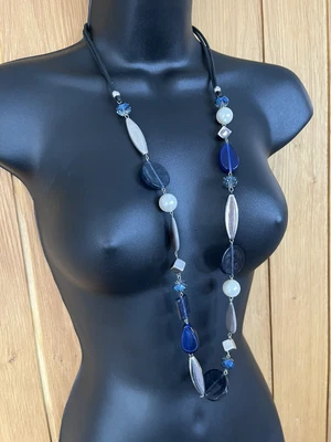 £3.99 • Buy Long M&S Blue & Silver Tone Acrylic Chunky Bead & Crystal Necklace 830