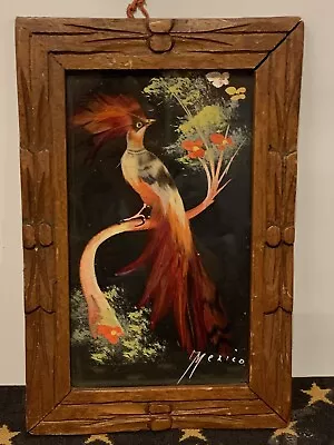 Mexican Feather Art Painting Hand Carved Wood Frame Feathercraft Mexico City Art • $25