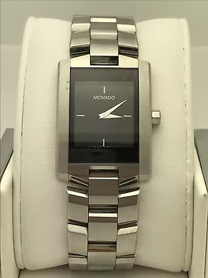 Movado Men's Eliro Rectangle Black Dial Stainless Steel Bracelet Watch 0604183 • $950