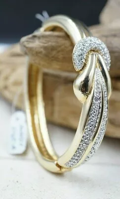 S.a.l.  Signed Pave Crystal Swarovski  Hinged Vintage Cuff Goldtone Bracelet  • $48.88