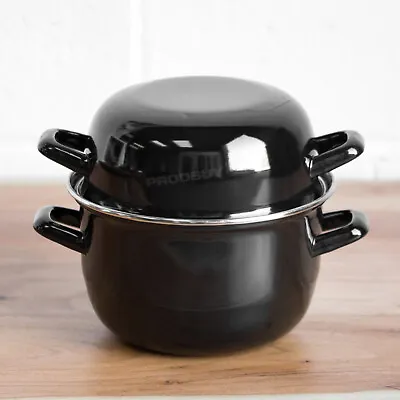 2 Litre Black Enamel Mussels Pot With Lid Steamer Cooking Pan Oven Dish Moules • £20