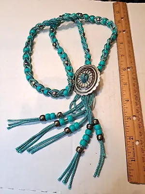 Bolo Western Tie Oval Silvertone Tin Punch Star Slide Turquoise Braided Cord • $18.50