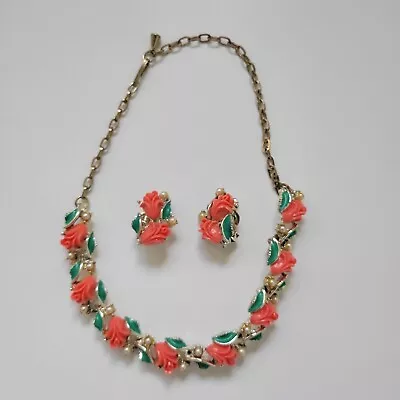 Vintage Carved Coral Celluloid Flower Pearl Beaded Enamel Necklace Earrings Set • $35