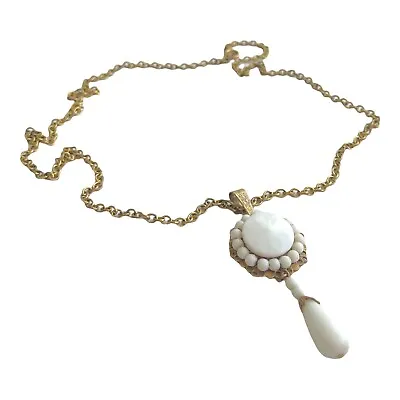 Vintage Miriam Haskell Milk Glass Drop Pendant Gold Filigree Signed Necklace 28” • $119