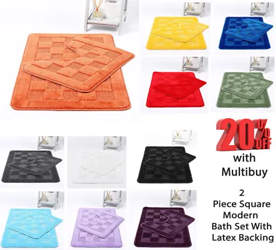 2 Piece  Square Style Bath Mat Pedestal Set Non Slip Toilet Bathroom Rugs  Uk • £8.89