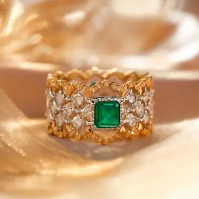 Vintage Hollow Lace Emerald Natural Diamond Unisex Band Ring 14K 2-Tone Gold • $1140