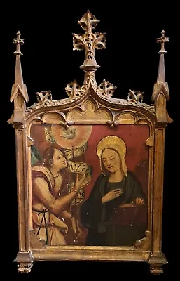 The Annunciation. Oil On Board. Carved Wood. Neogothic. 18th-19th Century • £1741.54