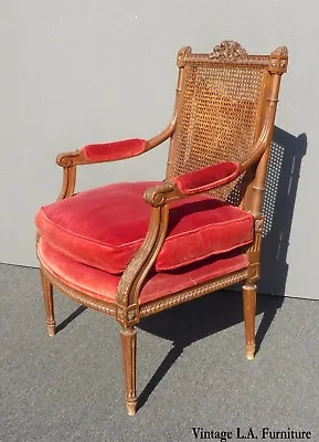 Vintage French Provincial Red Velvet Arm Chair With Cane Back Goose Down Fill • $750