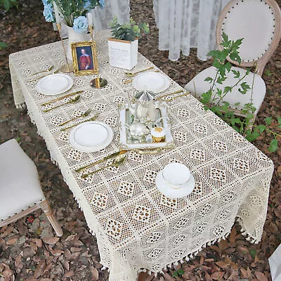 Vintage Crochet Tablecloth Tassels Rectangle Embossed Lace Table Cover Party • $33.69