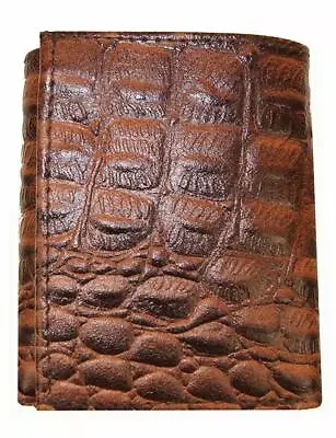Brown Cowhide Leather Mens Trifold Wallet Croc Print Credit Card ID Window • $11.42