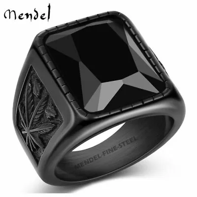 MENDEL Mens Stainless Steel Black Onyx Cannabis Ring Size 7 8 9 10 11 12 13 15 • $11.99