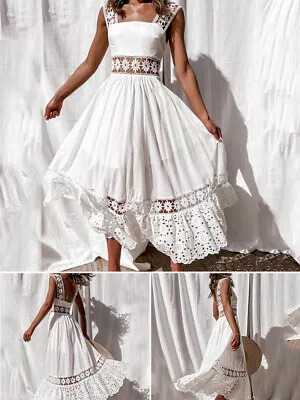 Womens White Lace Hollow Cocktail Party Dress Boho Beach Sundress Maxi Dresses & • $15.38