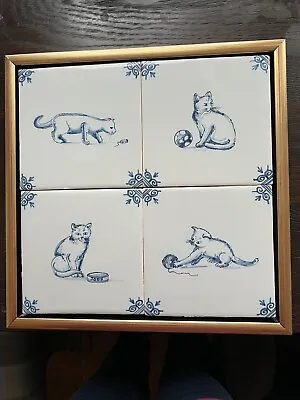 Delft Cat Tiles Tichelaar Royal Makkum Pottery 4 Framed Vintage Kitten Dutch • $199