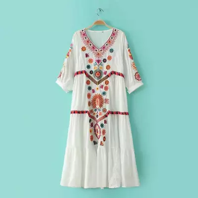 Hot Women Linen Long Boho Loose Dress Vintage Ethnic Mexican Embroidered Cotton • $29.99