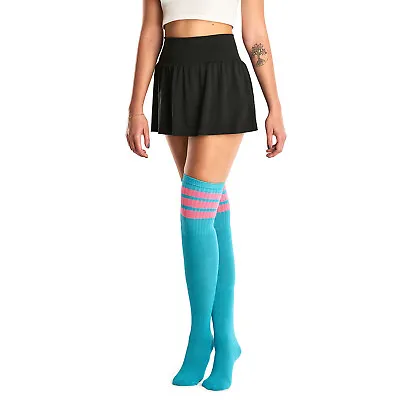 Skatersocks 35 Inch Thigh High Striped Tube Socks IN Retro Style Aqua/Pink • $28.11
