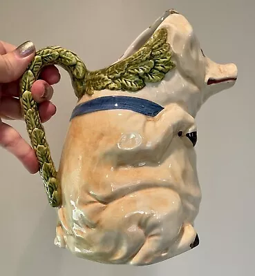 Majolica Pitcher Figural Pig Blue Strap Italy Water Pitcher Hand Painted Number • $25