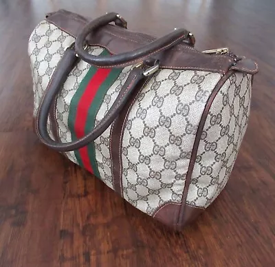 Vintage Gucci Sherry Line PVC Leather Boston Bag GG Supreme Logo Web Mono Tote • $289.95