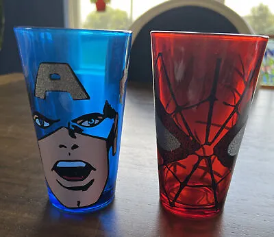 $20 • Buy 2 Pint Glass Set Marvel Comics Spiderman & Captain America EUC Big Faces 16oz