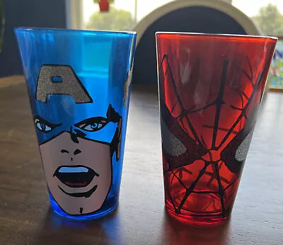 $20 • Buy 2 Pint Glass Set Marvel Comics Spiderman & Captain America EUC Big Faces 16oz