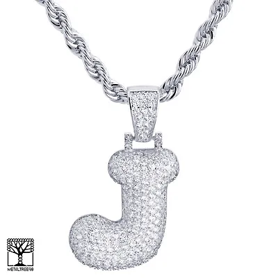 $20.99 • Buy J Initial Silver Plated Custom Bubble Letter Iced CZ Pendant 24  Chain Necklace 