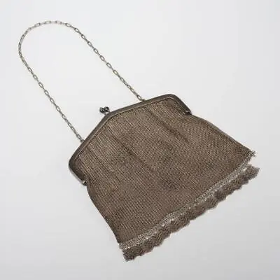 Antique Art Deco Mesh Chainmail Flapper Alpaca Silver Blue Stone Bag Purse • $90