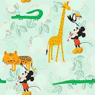 Disney Mickey Mouse Pastel Wallpaper Roll 0.53 M X 10 M Green Jungle Animals • £29.88