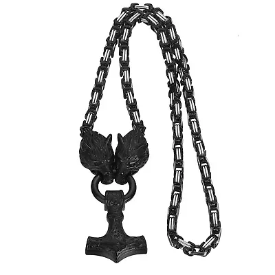 Black Nordic Viking Stainless Steel Wolf Thor Hammer Mjolnir Pendant Necklace • $13.99