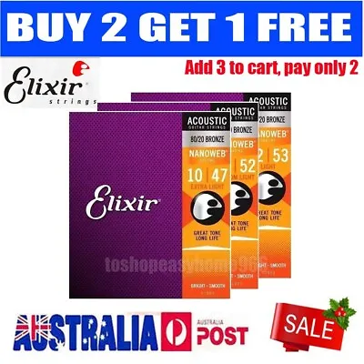 $11.95 • Buy Elixir Acoustic Guitar Strings Nanoweb Bronze 80/20 12-53 11002 11027 11052 AU