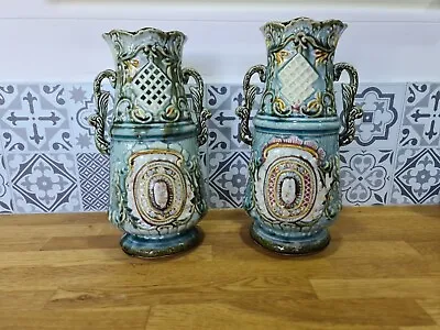 Pair Of Vintage Alhambrian Majolica Style Art Nouveau Vases • £49.99