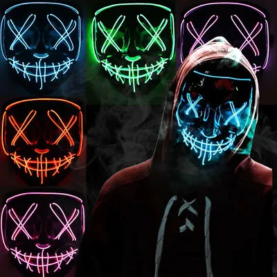 Halloween LED Glow Full Mask EL Wire Light Up The Purge Movie Rave Dance Party • $10.89