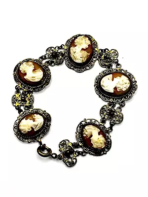 Estate Vintage Carved Cameo Gold Tone Filigree Link Bracelet • $29.99