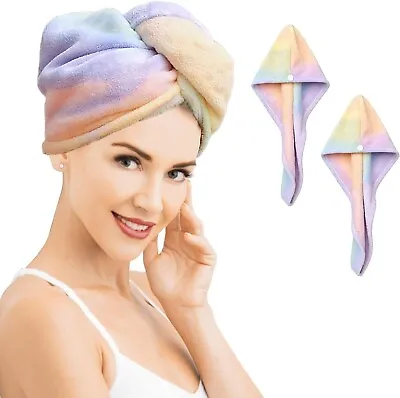 QKTYB 2 Pack Microfiber Hair Towel Wrap Rainbow Quick Dry Super Absorbent Twist • £8.90