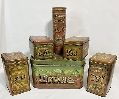 Vintage 70s Tin Canisters Cheinco Tea Coffee Sugar Flour Bread Pasta Set Of 6 • $79.95