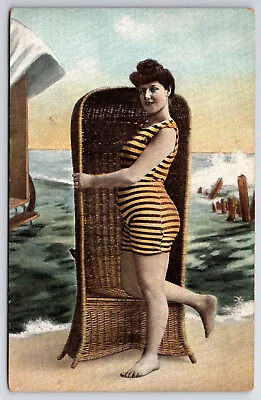 Vintage Antique C1910 Striped Bathing Suit Postcard Posing At The Beach • $6.99