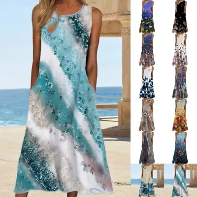 $27.94 • Buy Ladies Midi Dress Sleeveless Swing Dresses Women Breathable Crew Neck Sundress