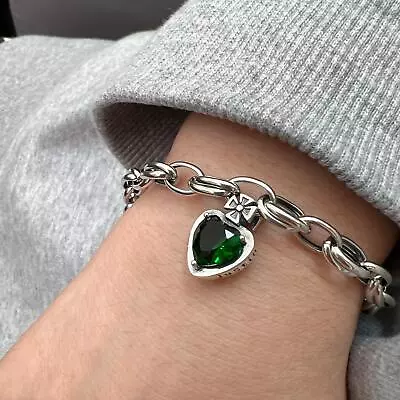 Adjustable 925 Sterling Silver Heart Emerald Charm Bracelet Jewelry Link Bangles • £6.64