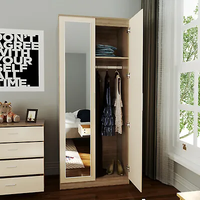 £129.98 • Buy Bedroom 2 Doors High Gloss Wardrobe Furniture Storage Hanging Rail With Mirror
