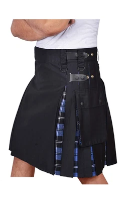 $45 • Buy 	DSS KILTS- Men's Hybrid Black Cotton & Tartan Utility Kilts With Leather Straps