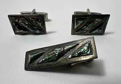 Vintage Taxco Mexico Sterling Silver Abalone Cufflinks & Tie Bar Set ~ Signed • $42.99