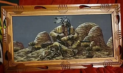 Vintage Velvet Art Painting Indian Chief Wood Framed Great Shape Ready2Display • $13